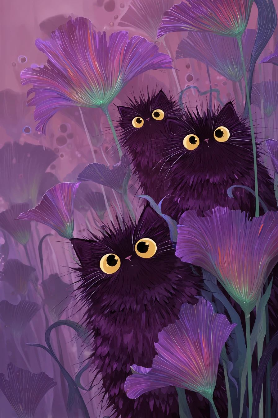 Whimsical purple cats hiding among iridescent fantasy flowers