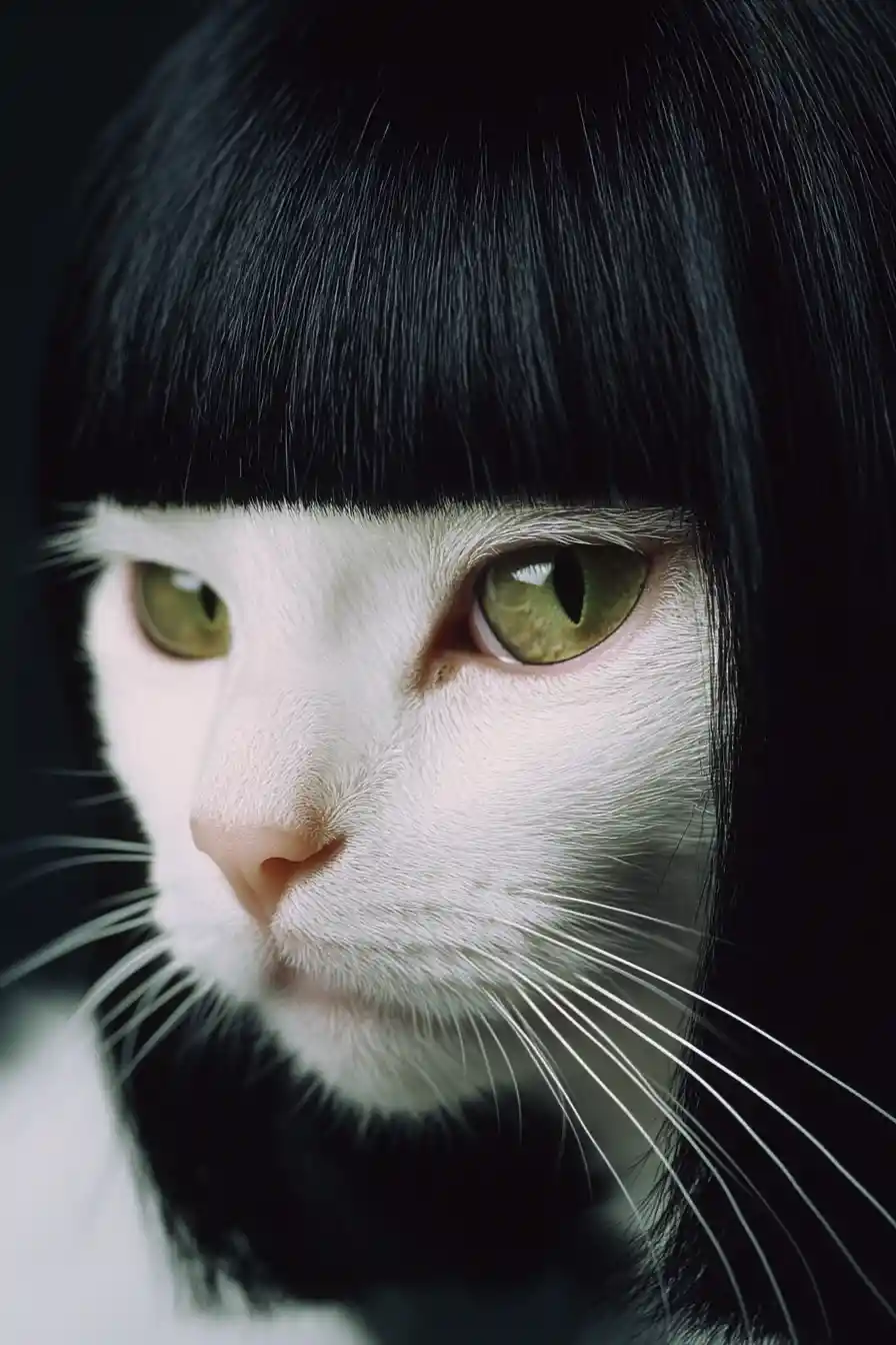 White cat with bob wig in retro studio portrait