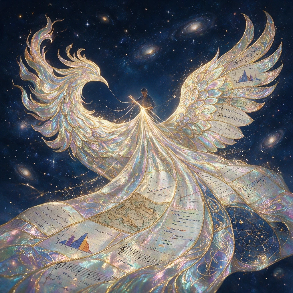 Mysterious cosmic tapestry woven from shimmering data threads