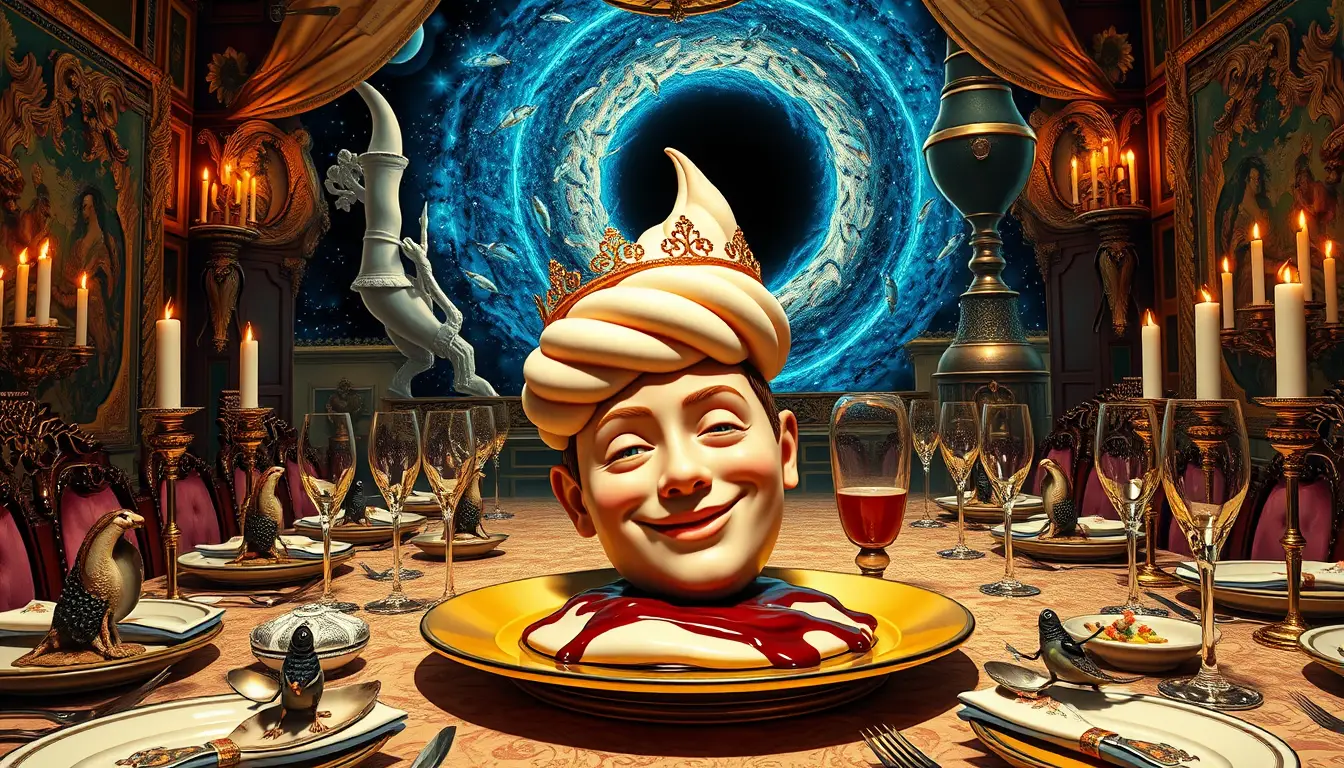 Surreal feast with crowned ice cream head on golden plate