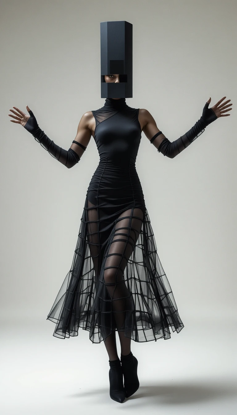 Avant garde fashion woman in sculptural black outfit