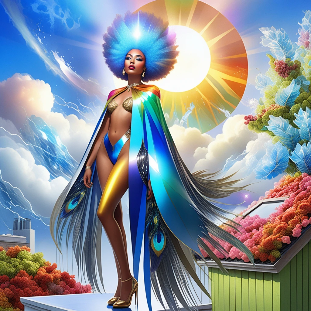 Surreal woman with blue afro on city rooftop at sunset