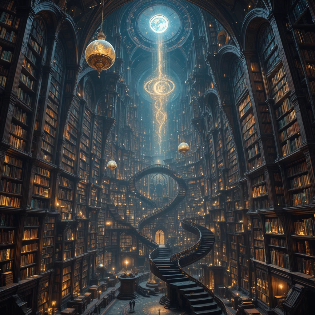 Endless Cosmic Library With Floating Books And Galaxies
