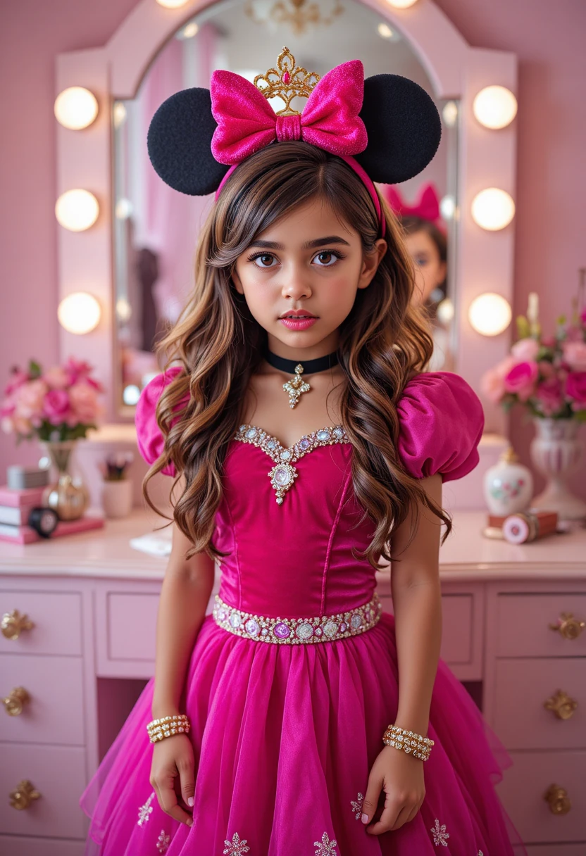 Tween boy in princess costume at pink bedroom vanity