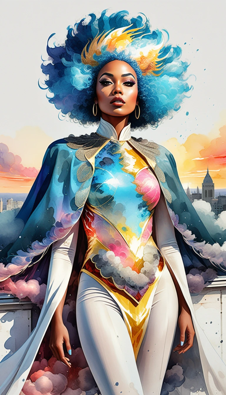 Surreal woman with blue afro on rooftop at sunset