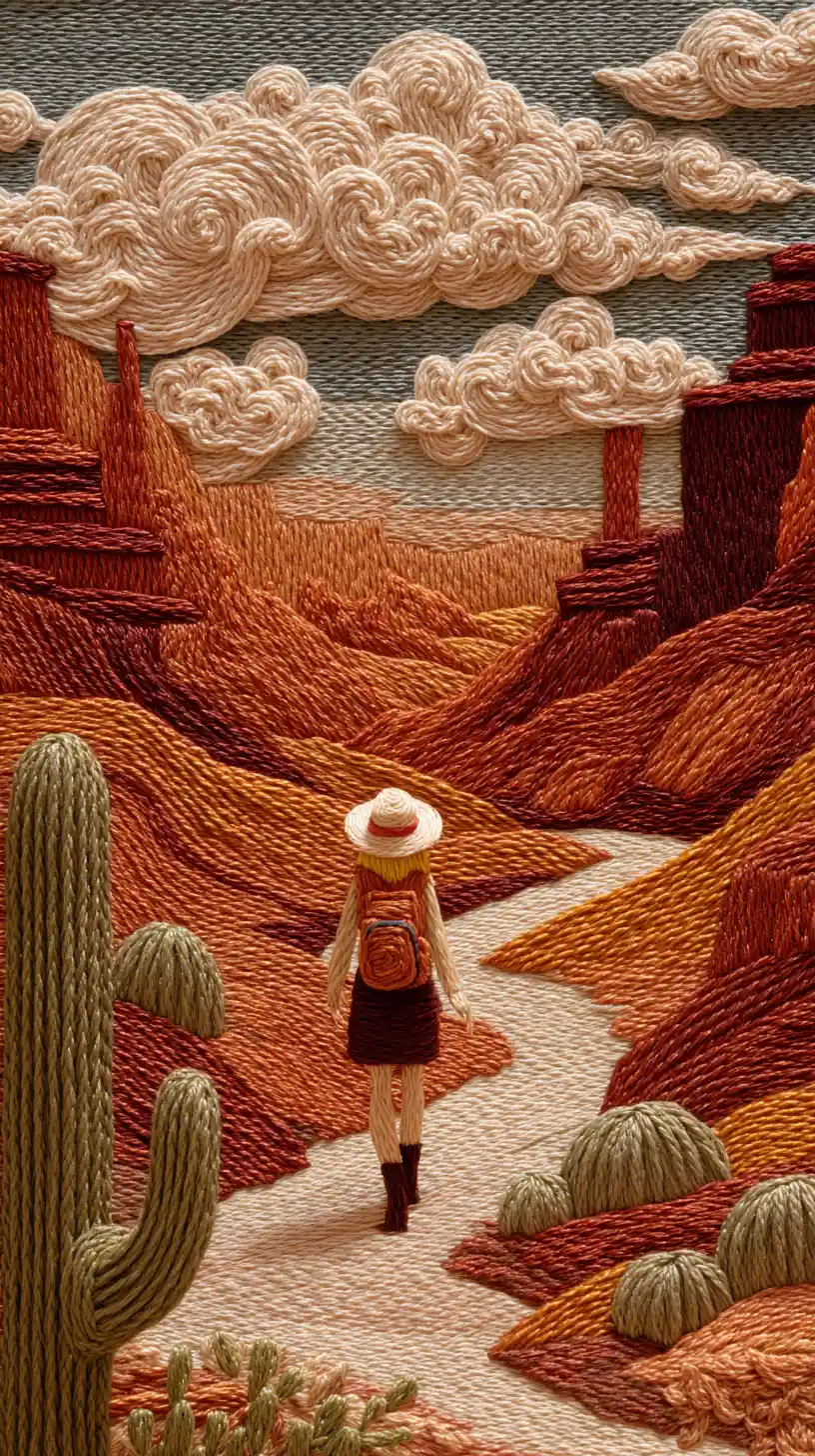 Tiny hiker on winding path in embroidered desert canyon