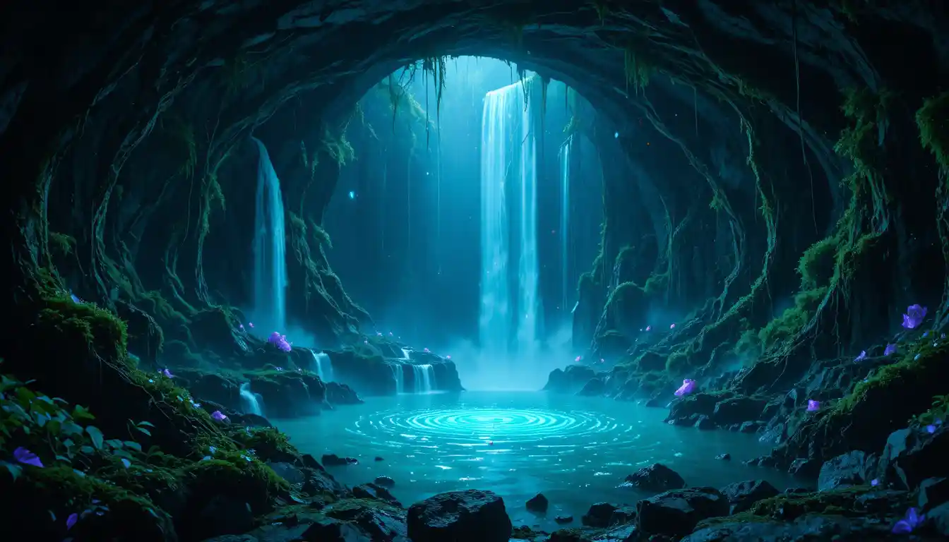 Hidden jungle sinkhole with glowing crystal pool