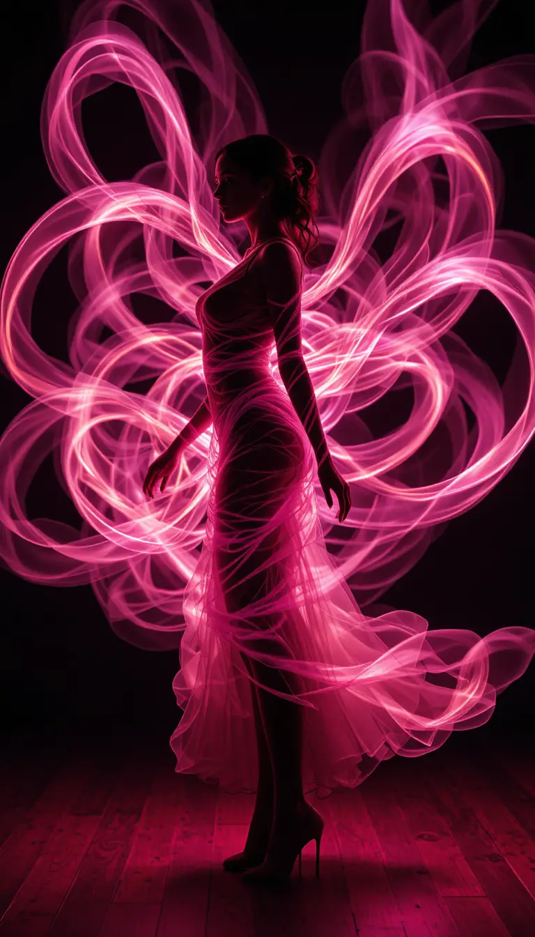 Silhouette de femme enveloppée de rubans de lumière néon tourbillonnants