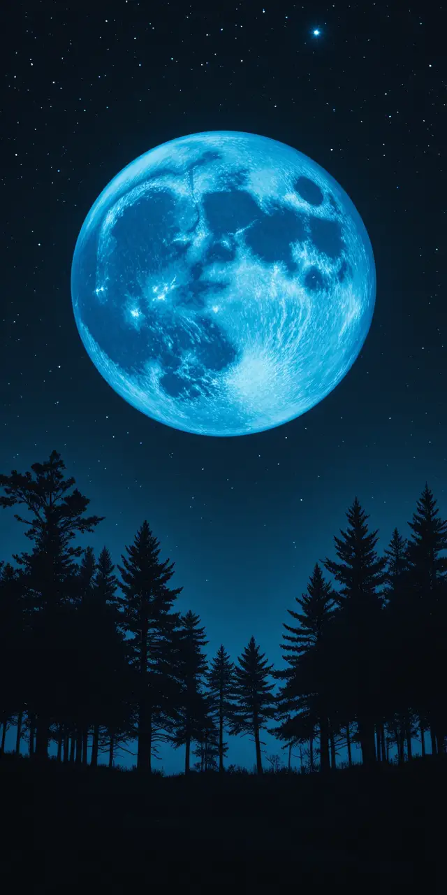 Blue moon glowing over dark trees and starry night sky