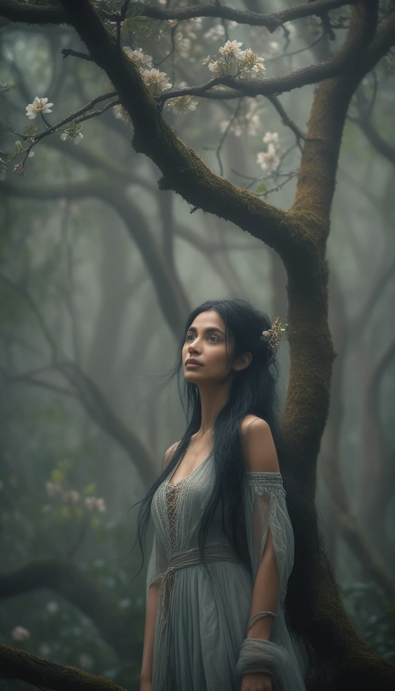 Mystical woman standing on a twisted tree in misty forest