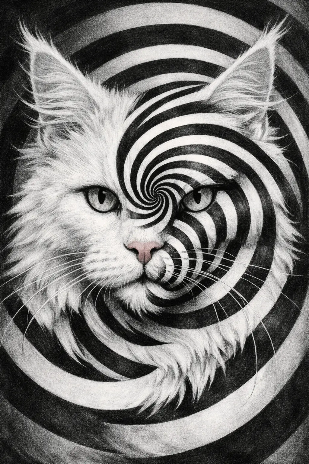 Volto di gatto Maine Coon bianco con illusione ottica a spirale