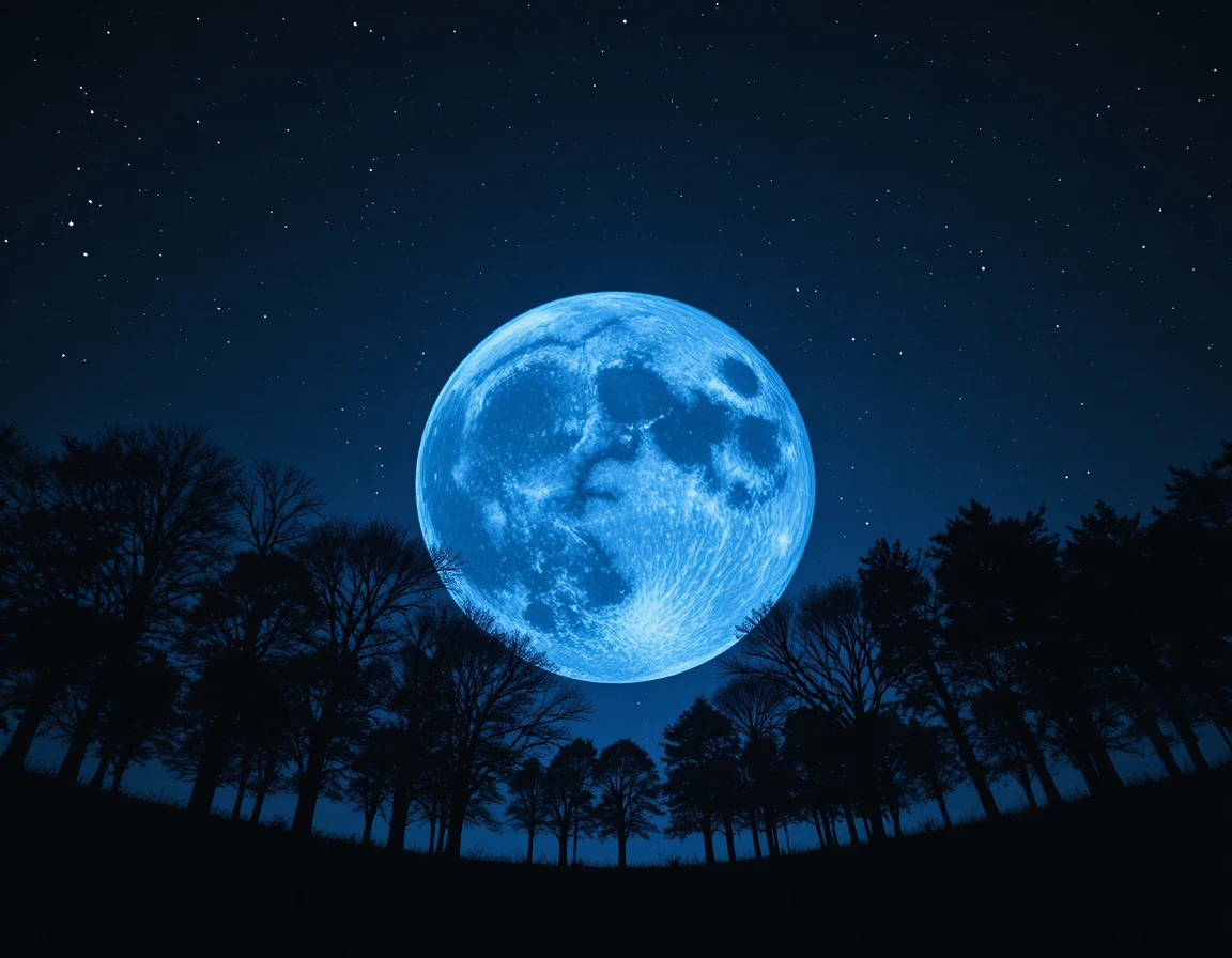 Dark blue moon above silhouetted trees and starry sky