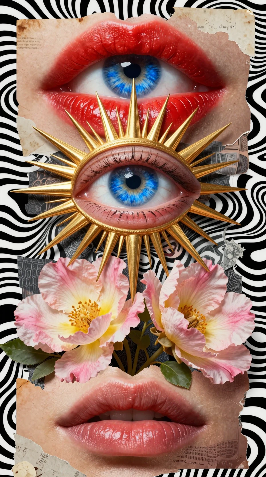 Surreal collage of eyes lips and flowers on wavy backdrop