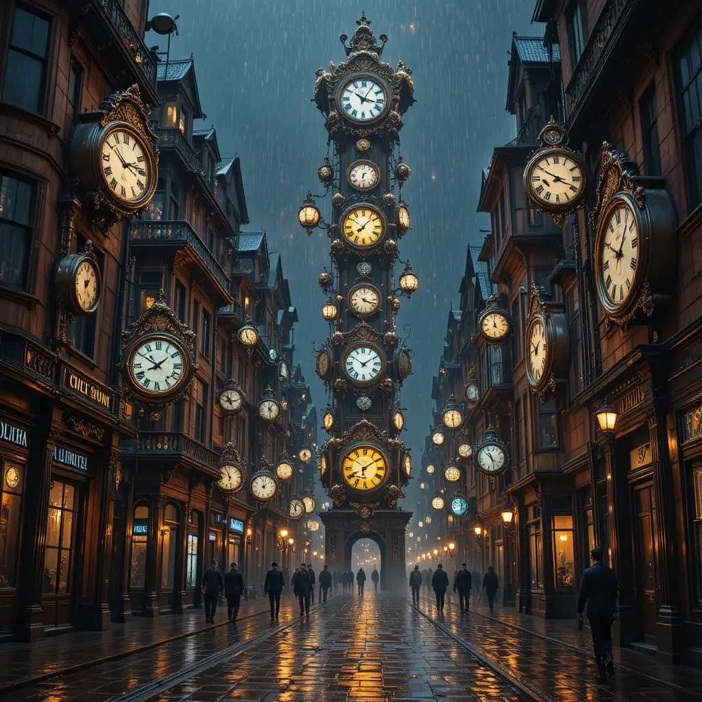 Surreal city of towering clocks glowing over wet dark streets