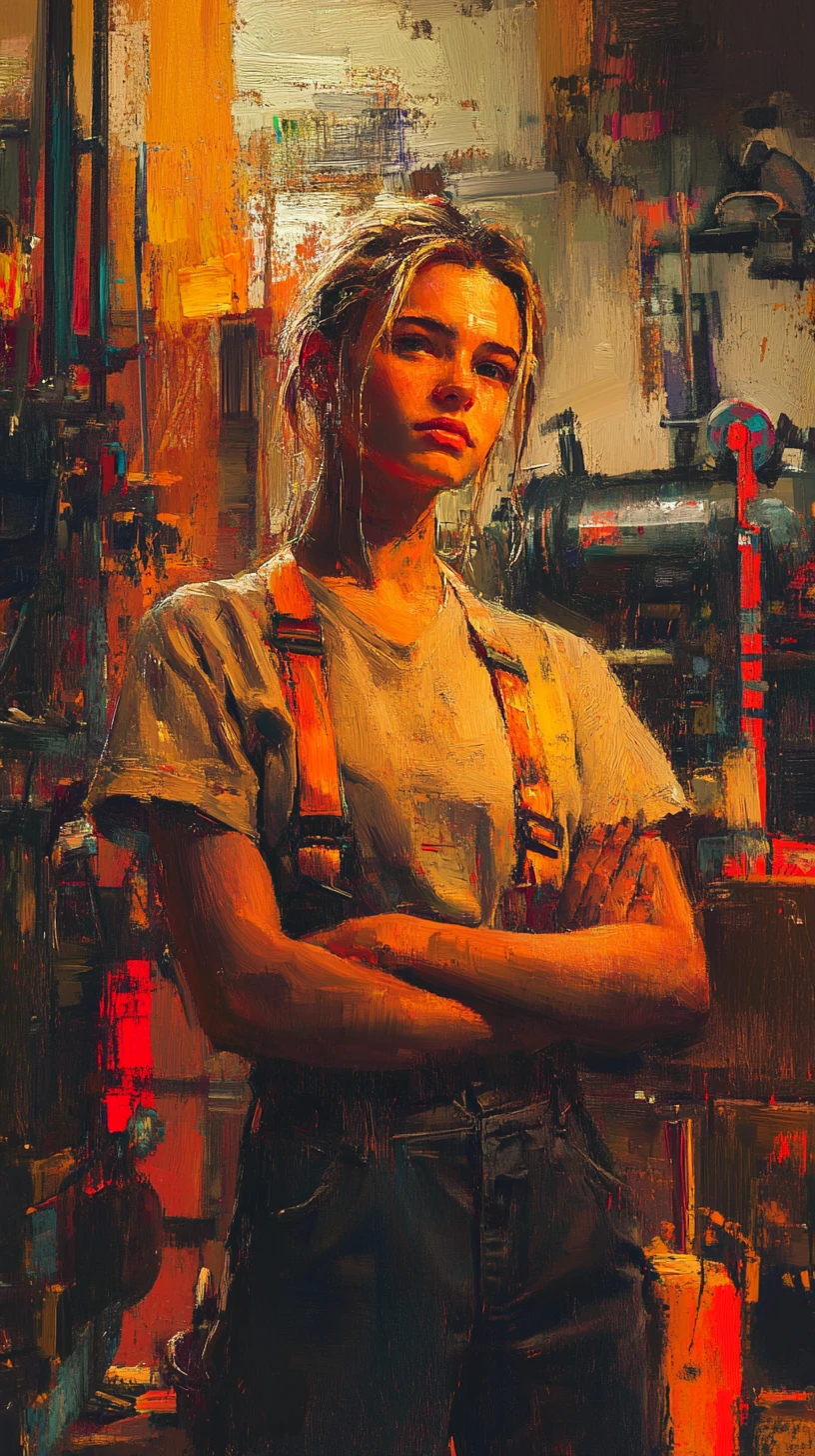 Confident young woman in overalls standing in a workshop