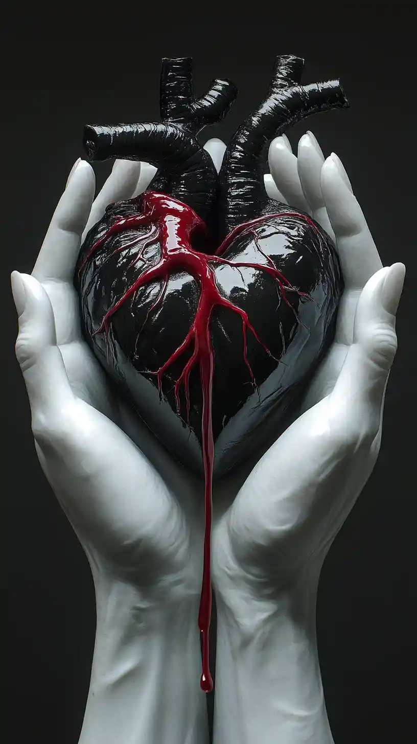 Marble hands forming a heart around a dark bleeding heart
