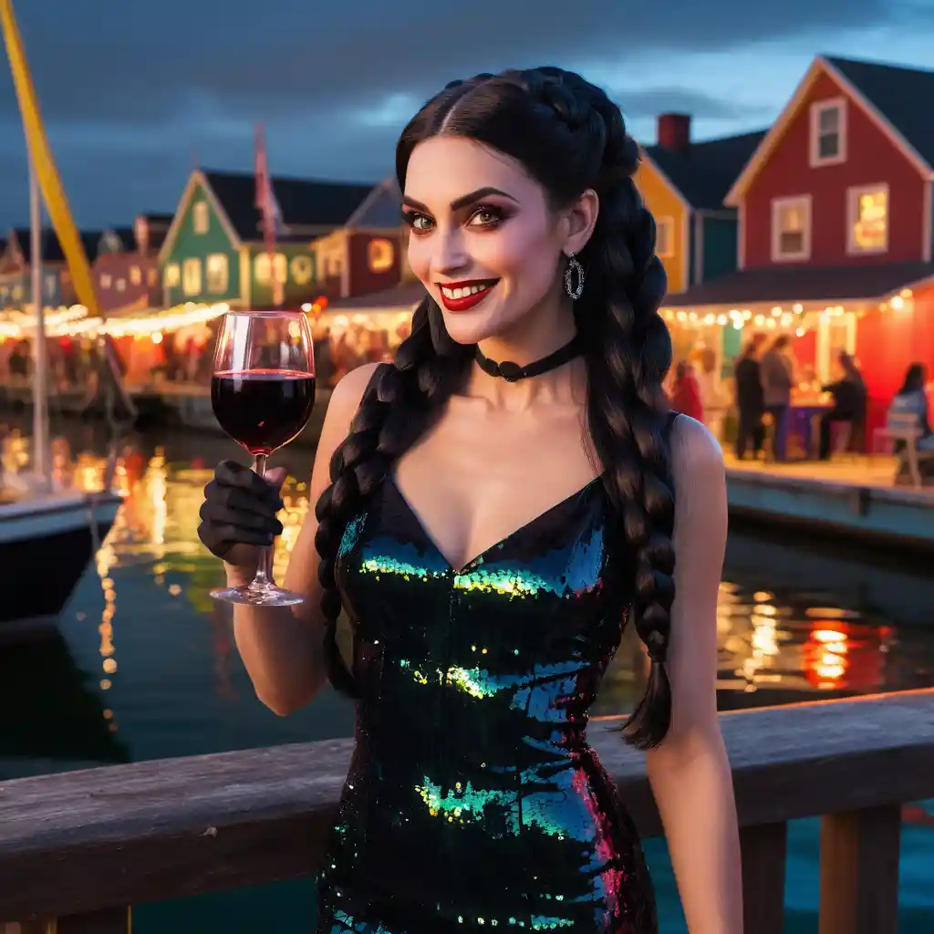 Cheerful vampire woman at a colorful dockside party