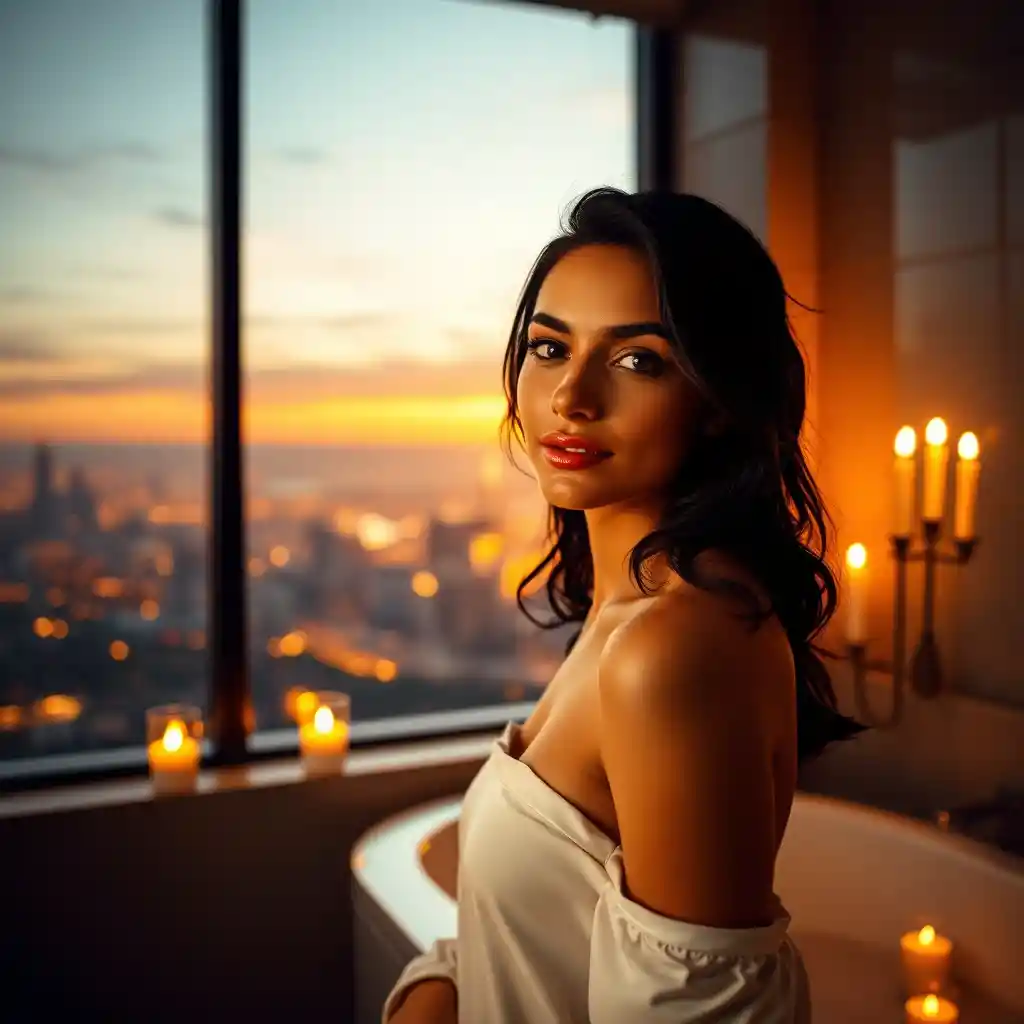 Serene woman in candlelit bathroom with dusk city view