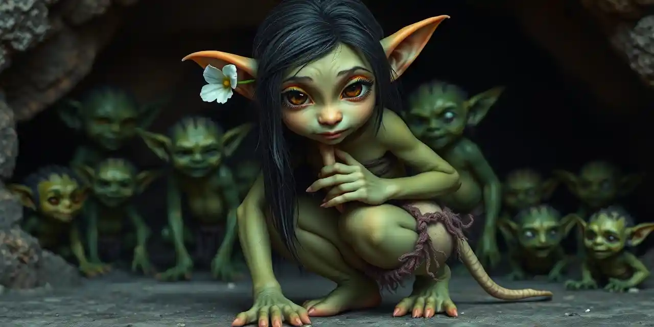 Cute young goblin woman with long dark hair in a cave