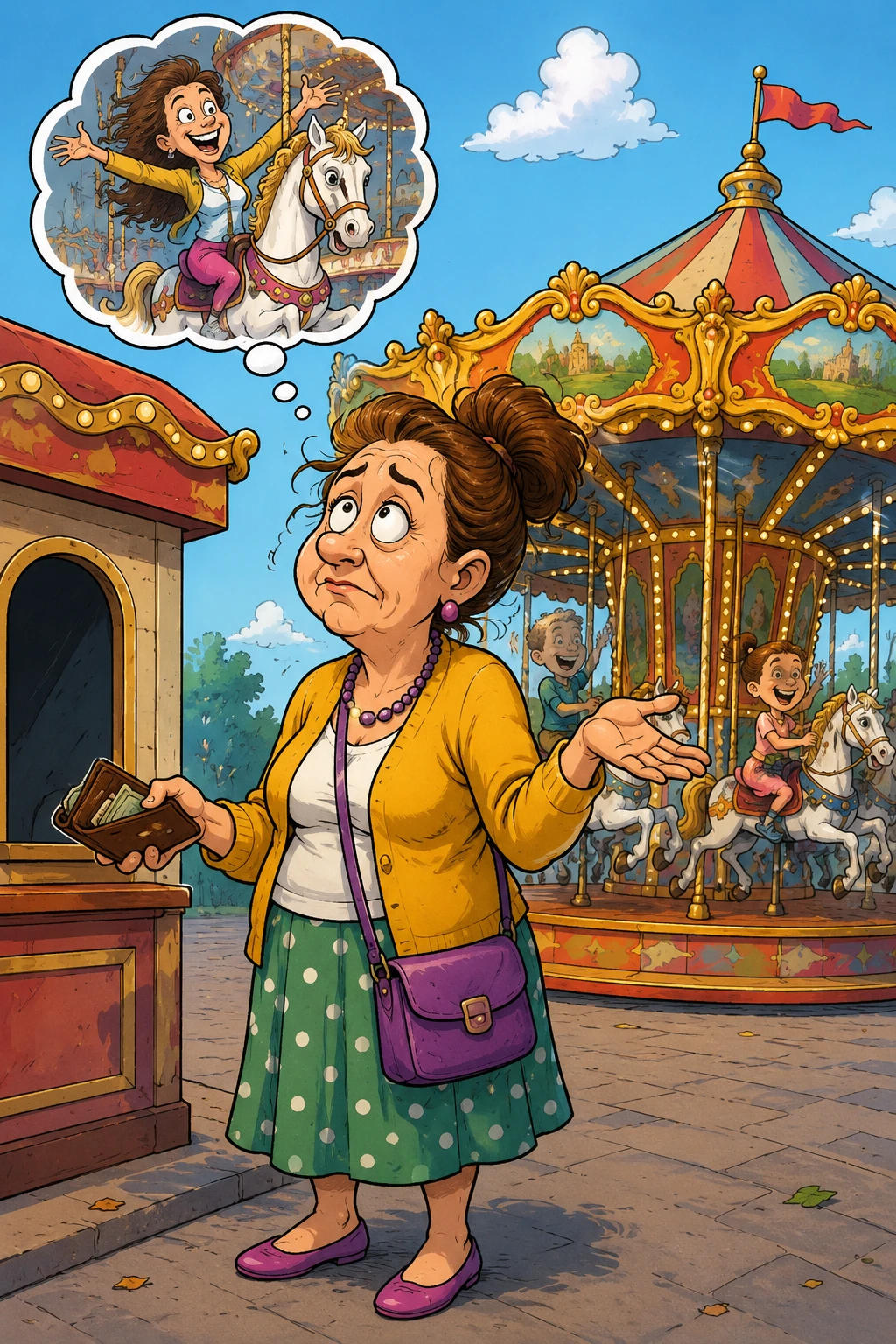 Cartoon comic style woman in humorous bittersweet scene