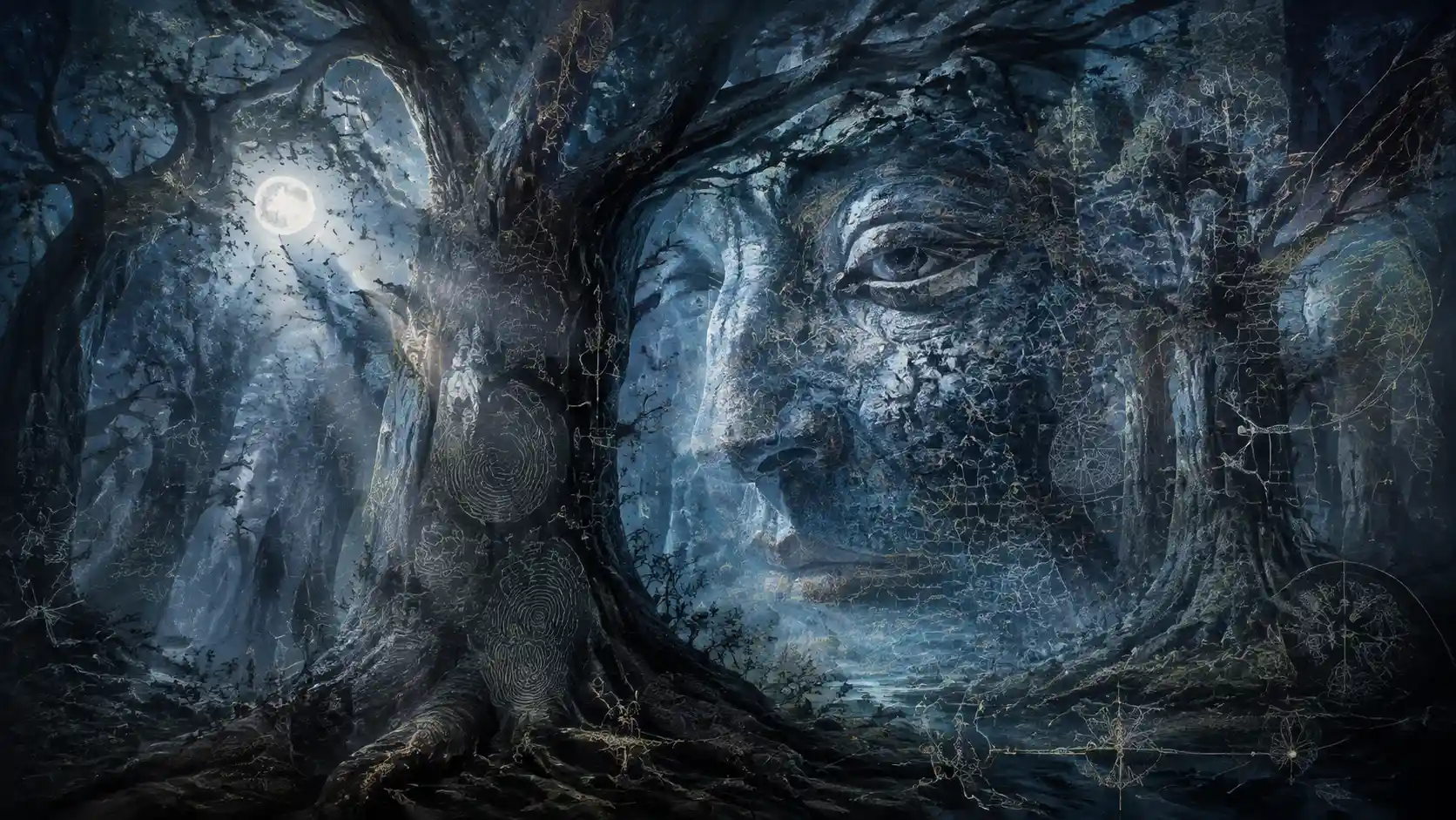 Ancient Trees Forming A Guardian Face In Moonlit Forest