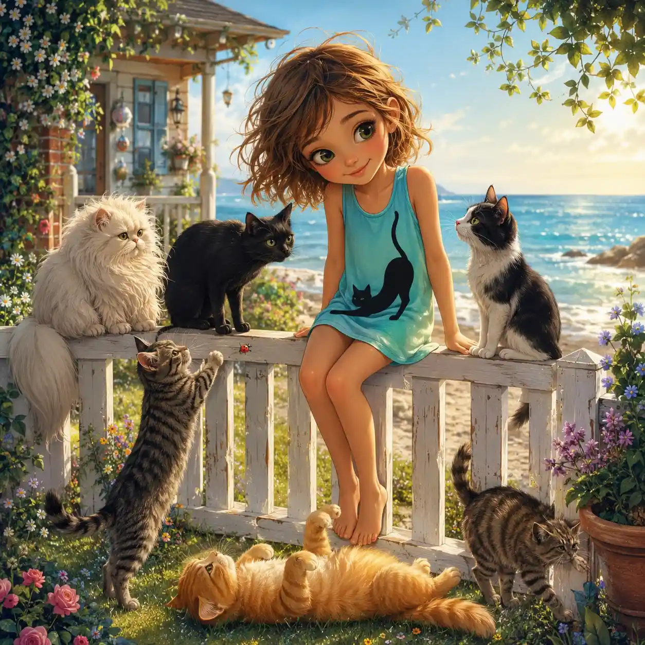 Sweet green eyed girl with cats by a seaside fence