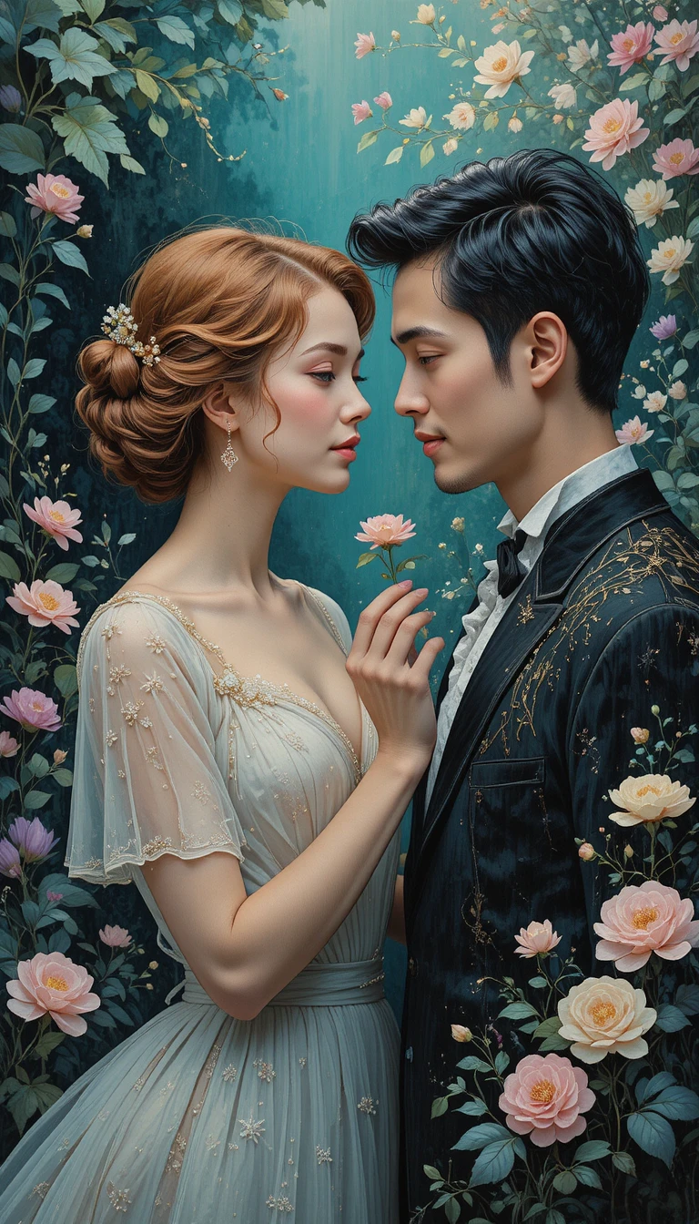 在光影閃耀花園中接過一朵花的女子