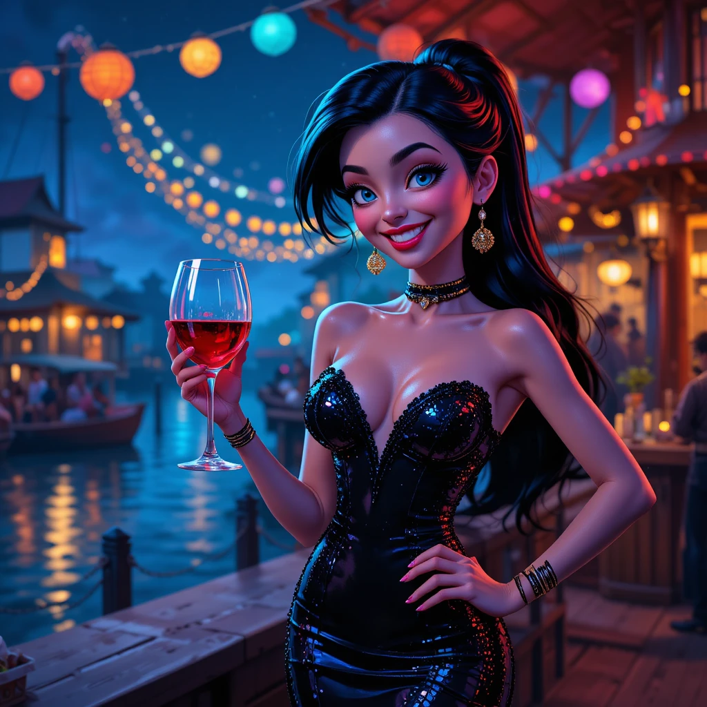 Confident vampire woman toasting at a colorful dockside party