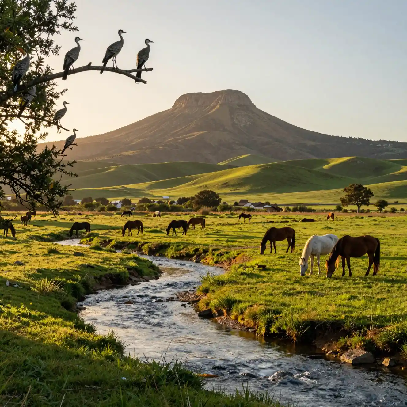 Sunlit mountain landscape with grazing horses at sunset
