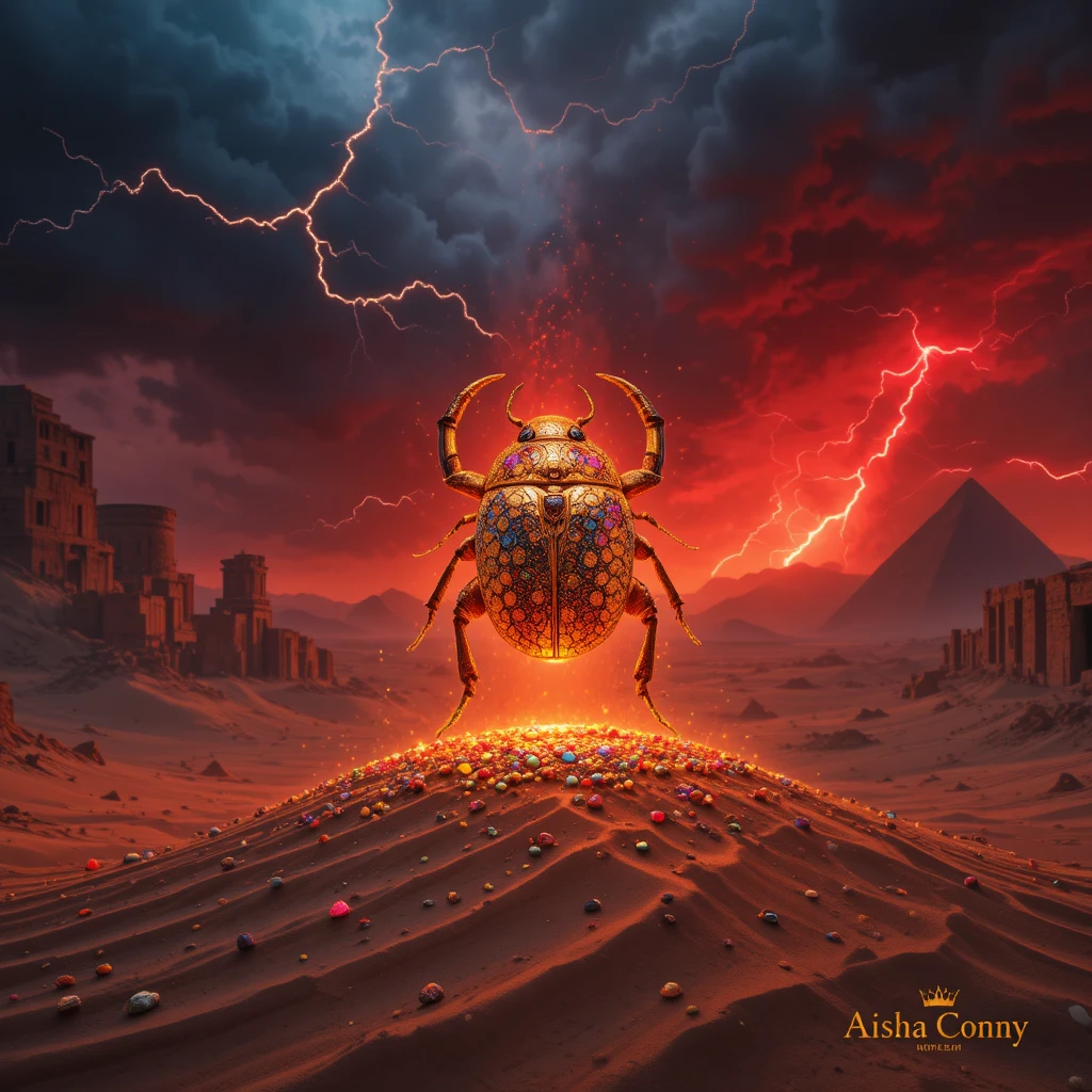 Golden scarab levitating in a violent red desert storm