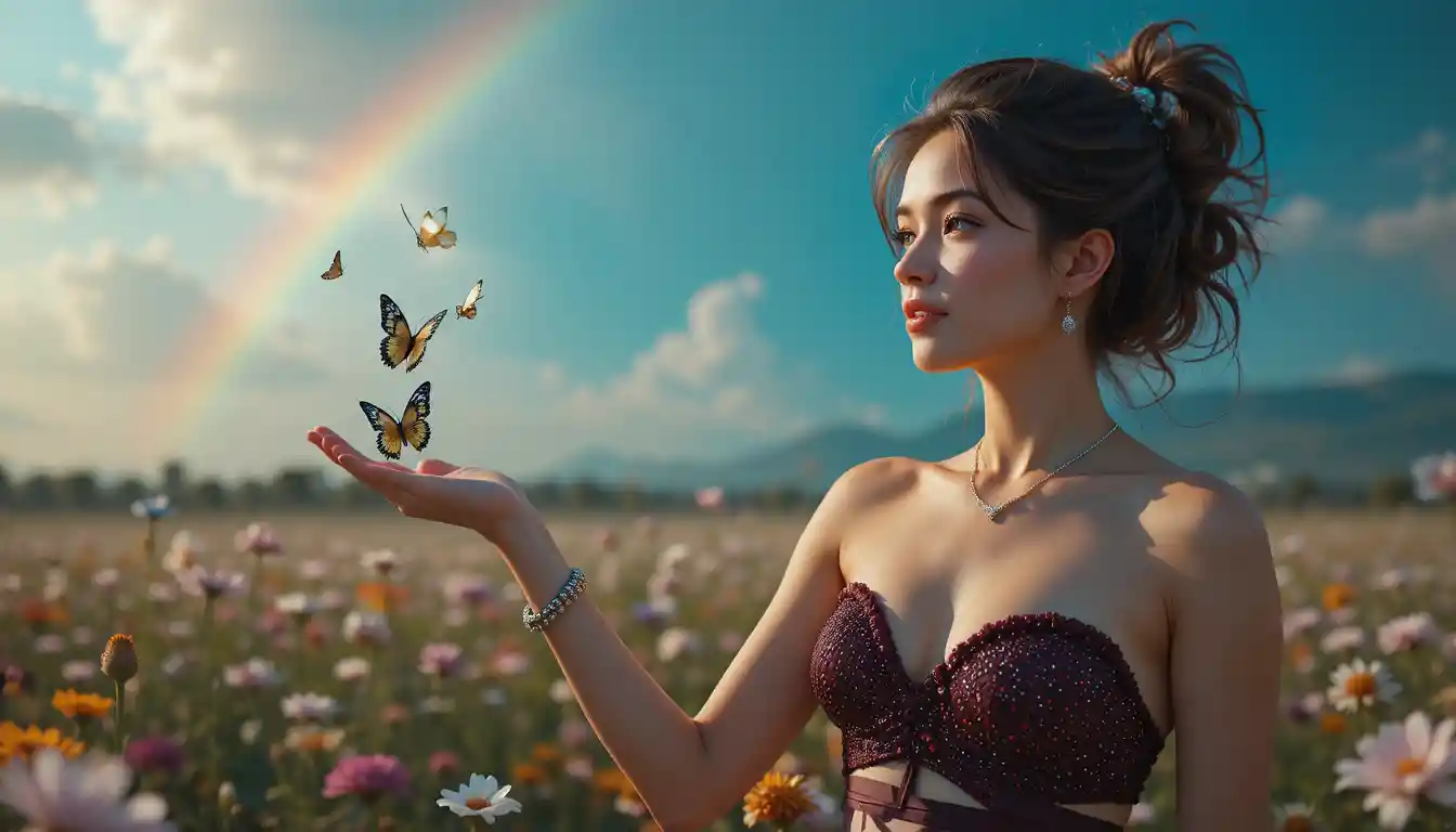 Woman releasing butterflies in a wildflower field at sunset