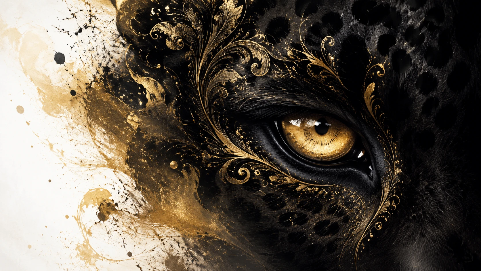 Close up fantasy eye of a black leopard in gold patterns