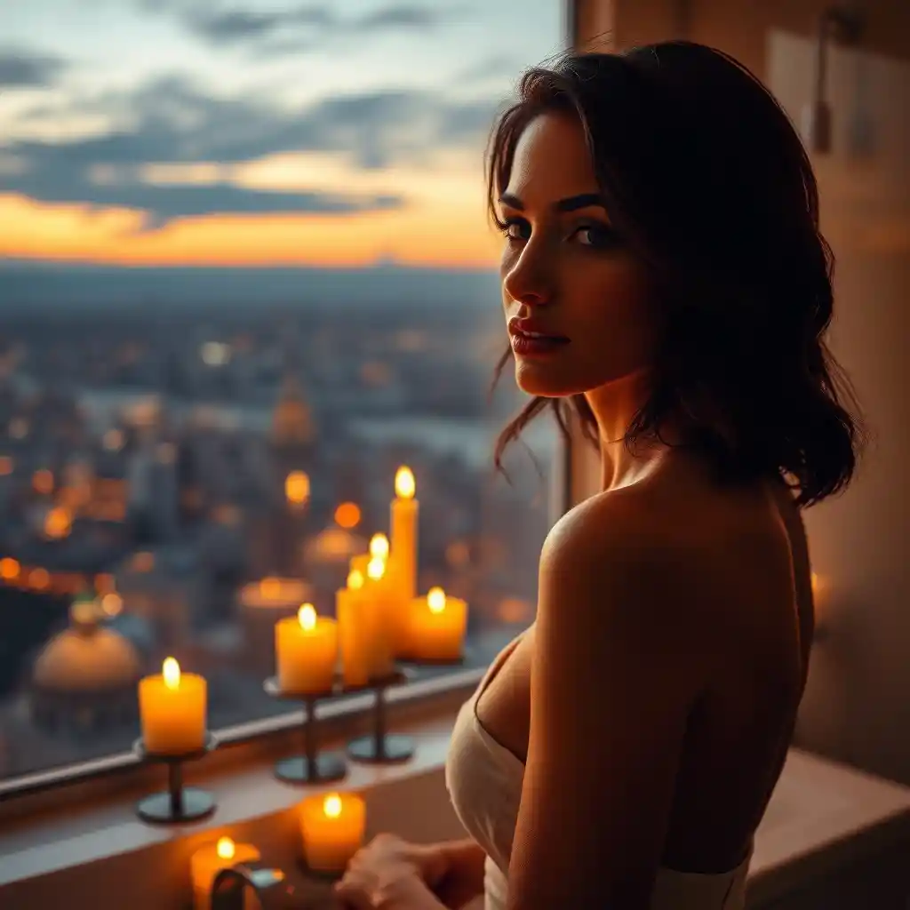 Serene woman in candlelit bathroom with city view