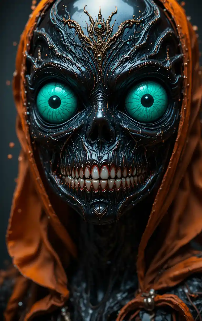 Creepy monster with mint green eyes and metallic body