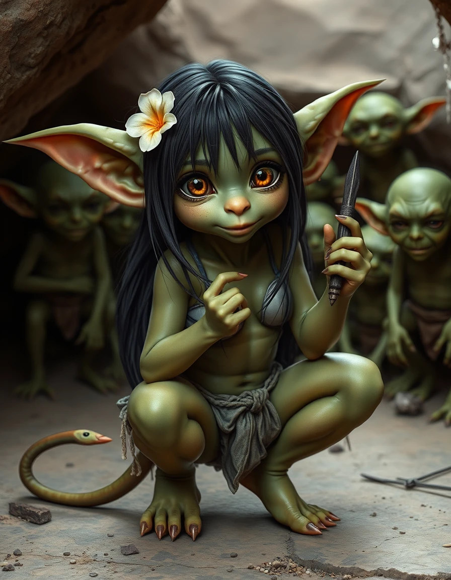Jeune gobeline mignonne aux longs cheveux noirs dans une grotte