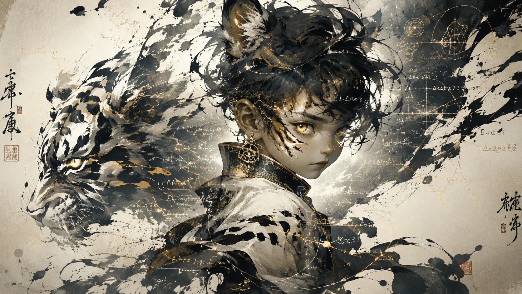 Futuristic feline child dissolving into abstract ink gestures