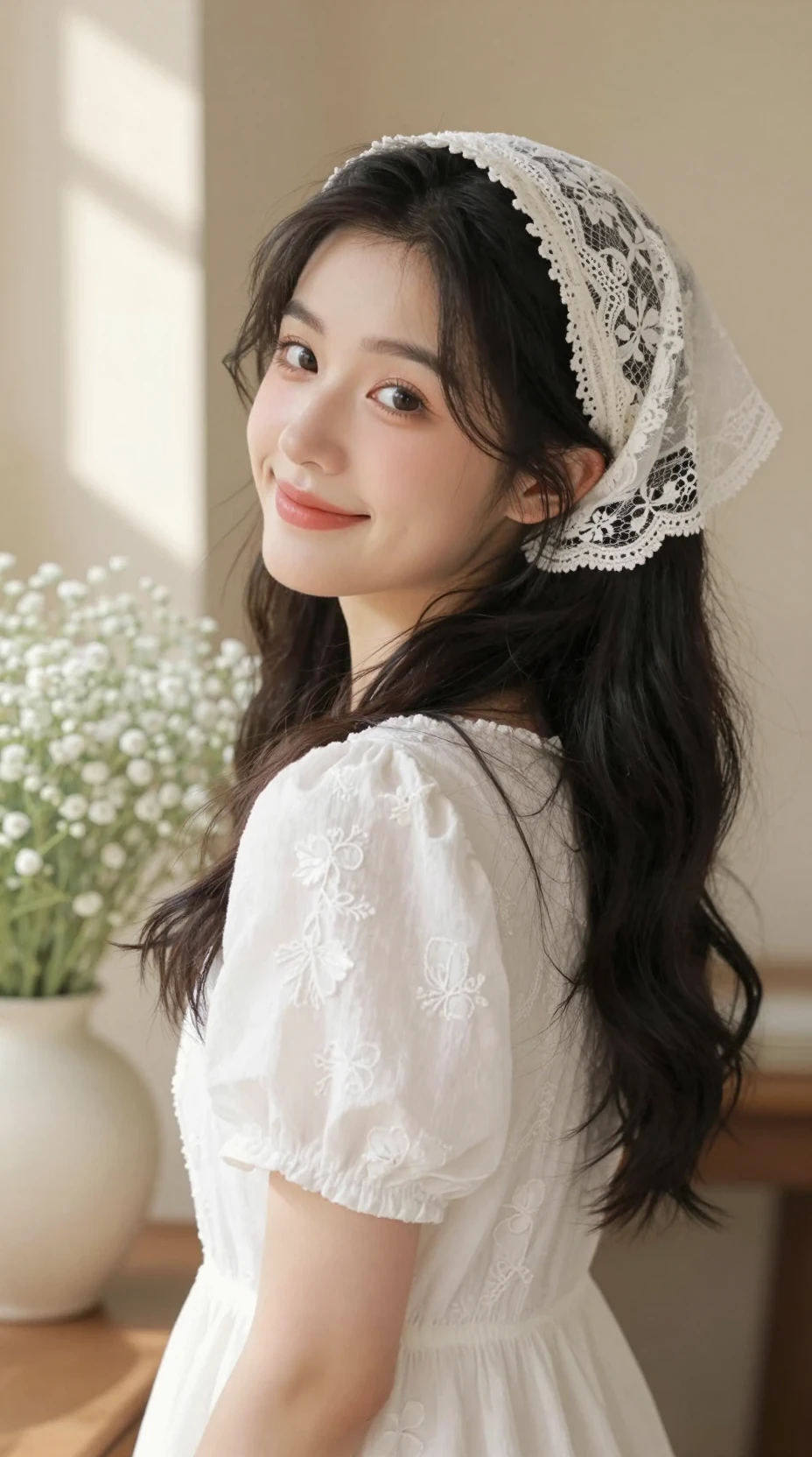 Soft portrait of a young woman in white lace bonnet