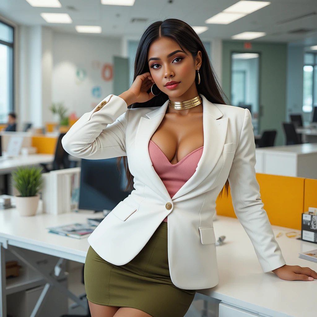 Confident woman in blazer leaning on modern office desk