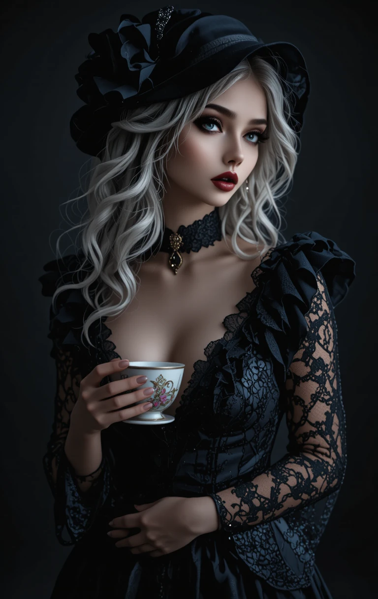 Mysterious Grey Haired Woman In Black Satin Holding Teacup