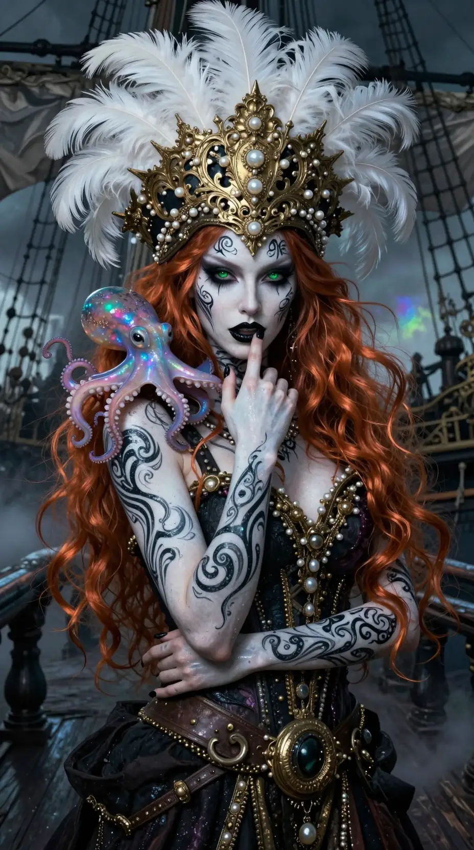 Dark pirate queen with tribal paint and octopus companion