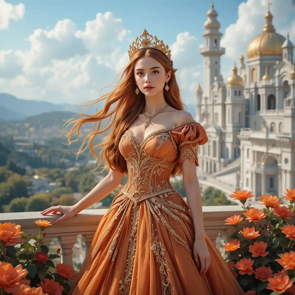 Principessa fantasy su balcone di palazzo illuminato dal sole con fiori