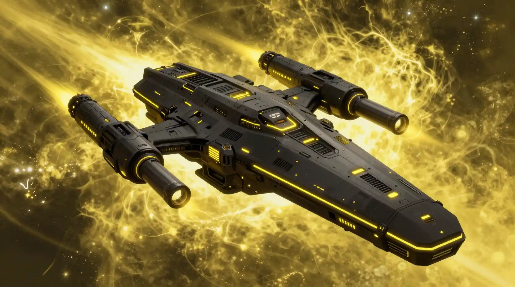 Massive sci fi star cruiser in glowing yellow space