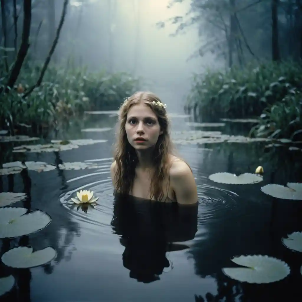 Rusalka a la luz de la luna emergiendo de un arroyo brumoso del bosque