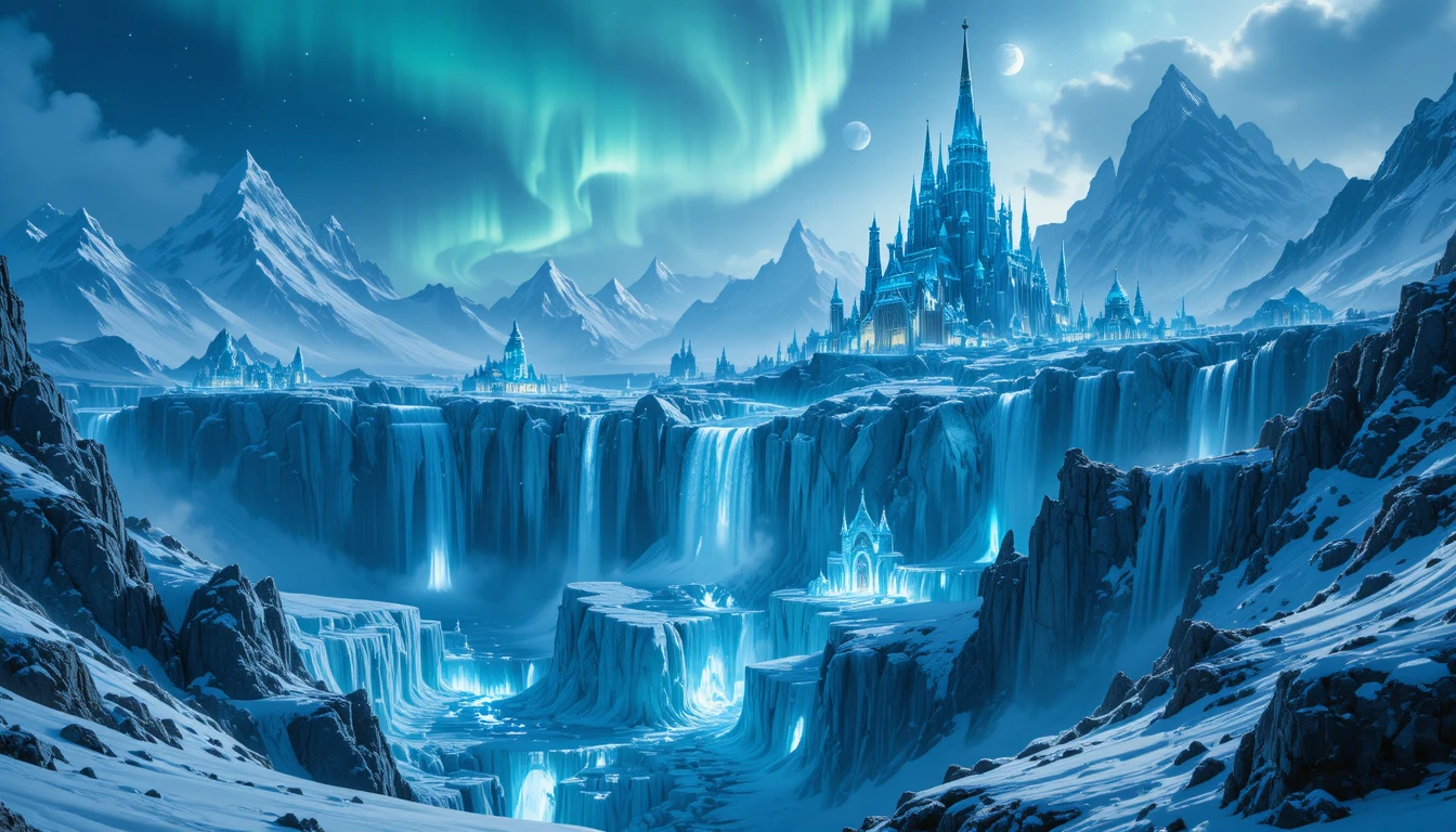 Gigantic Frozen Empire Of Crystal Palaces Under Aurora