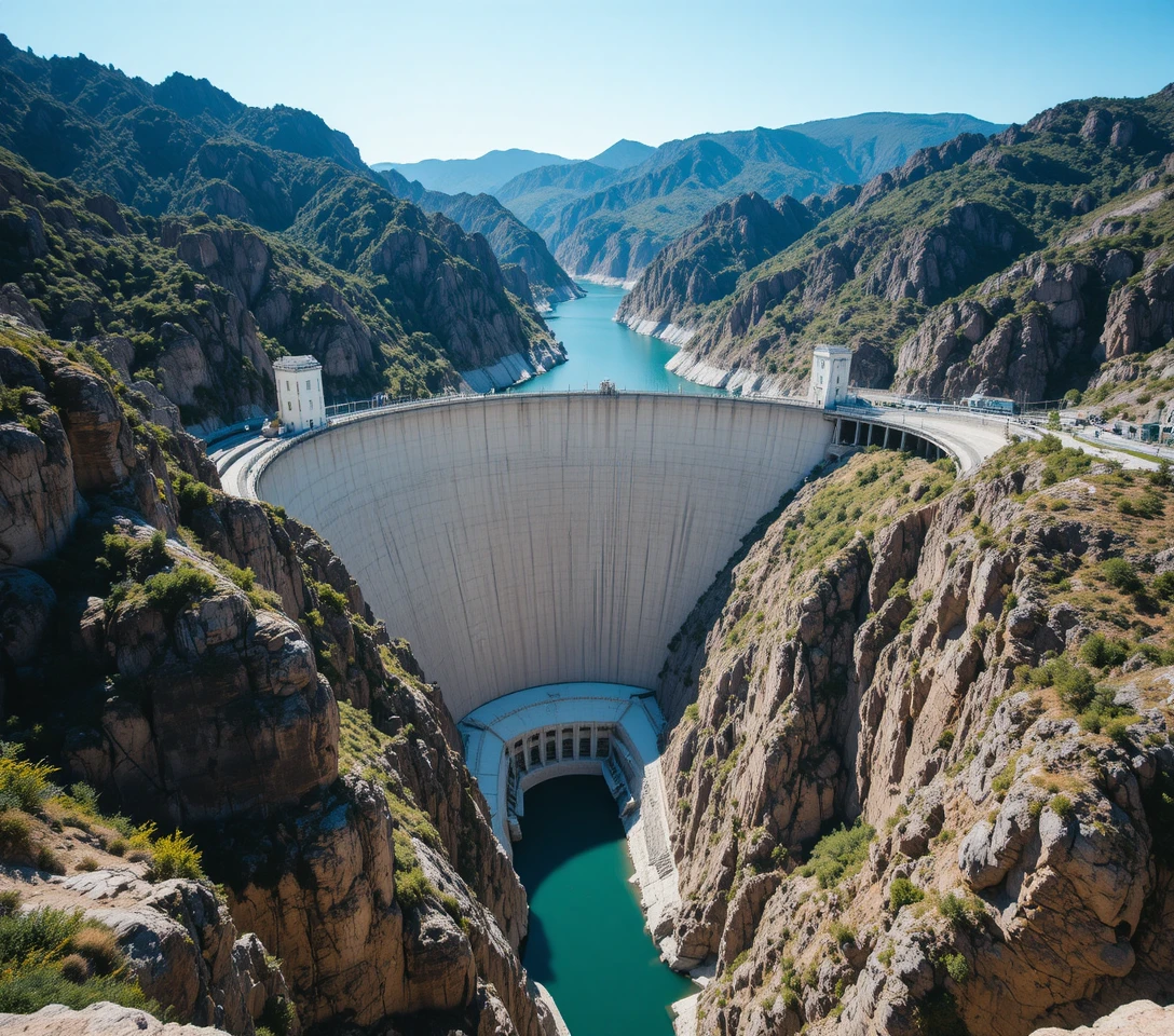 Massive concrete dam spanning a turquoise mountain reservoir