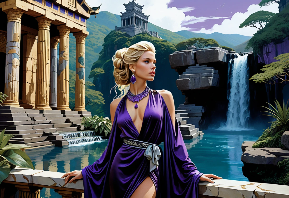 Donna bionda in veste celestiale tra le rovine di un tempio