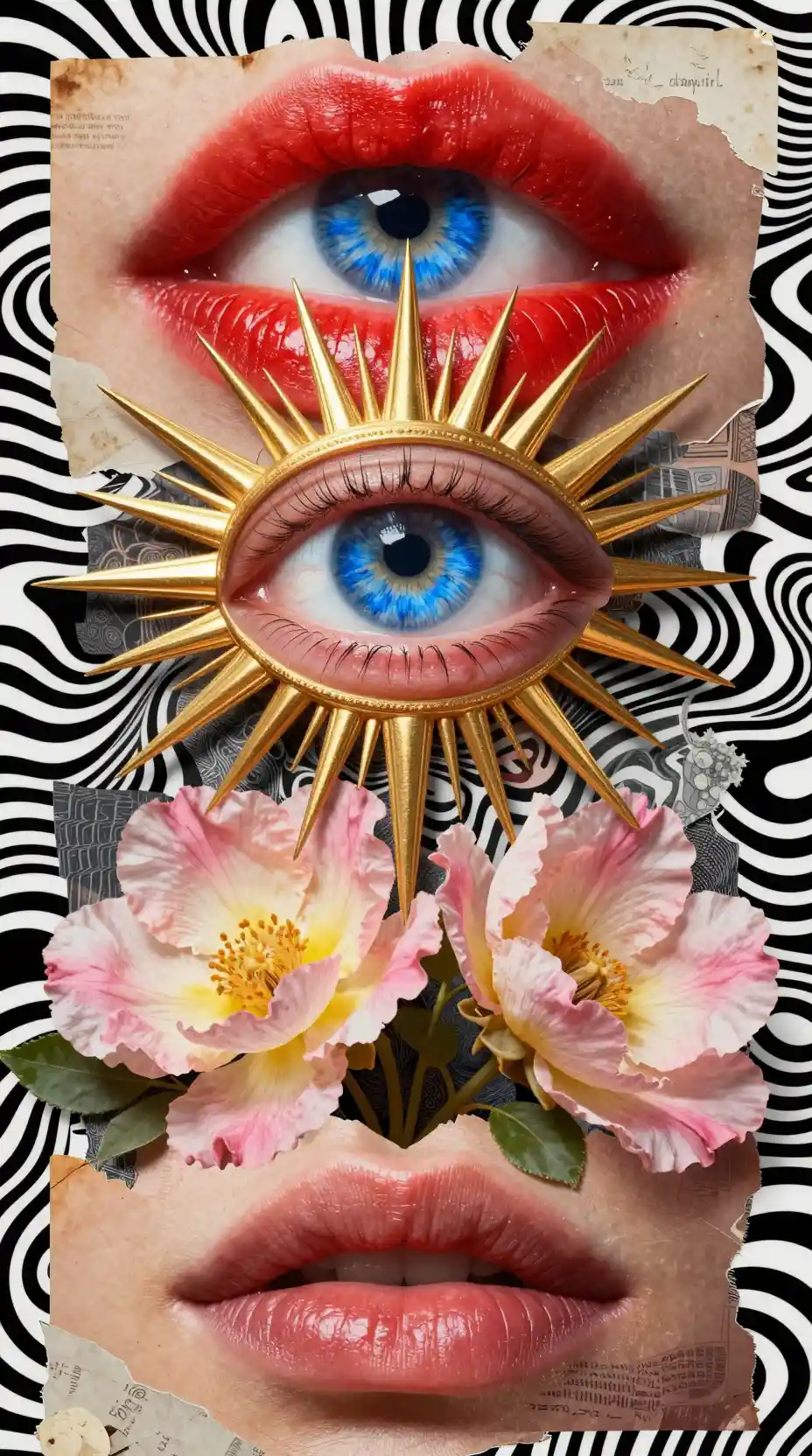 Surreal collage of eyes lips and flowers on wavy backdrop