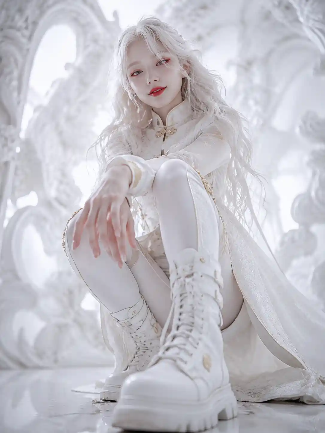 Albino woman in white outfit smiling from worm eye view