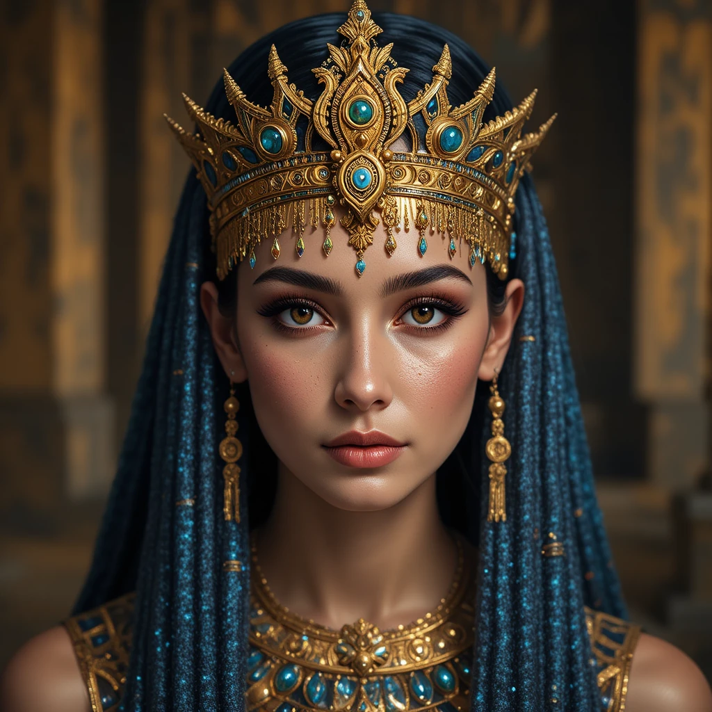 Elegant ancient Egyptian queen with golden crown and signature