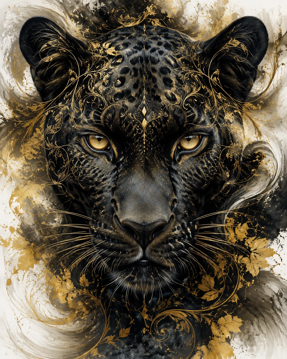 Fantasy black leopard face framed by gold patterns